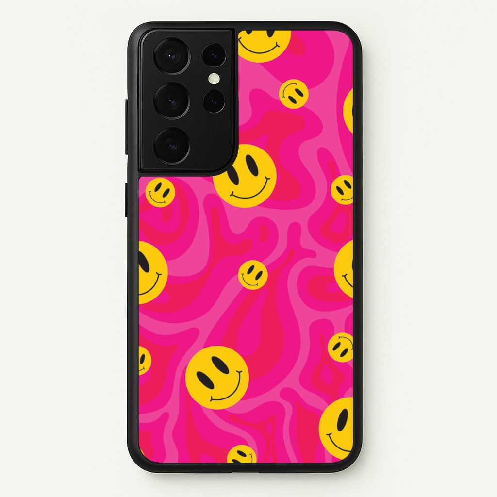 Pink Wavey Smileys Pattern - Psychedelic Phone Case for Galaxy S21 Ultra