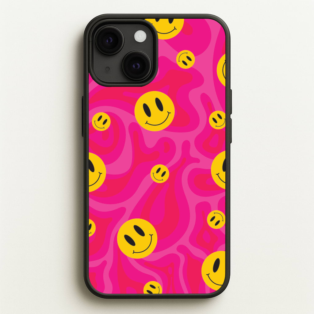 Pink Wavey Smileys Pattern - Psychedelic Phone Case for iPhone 13 Mini