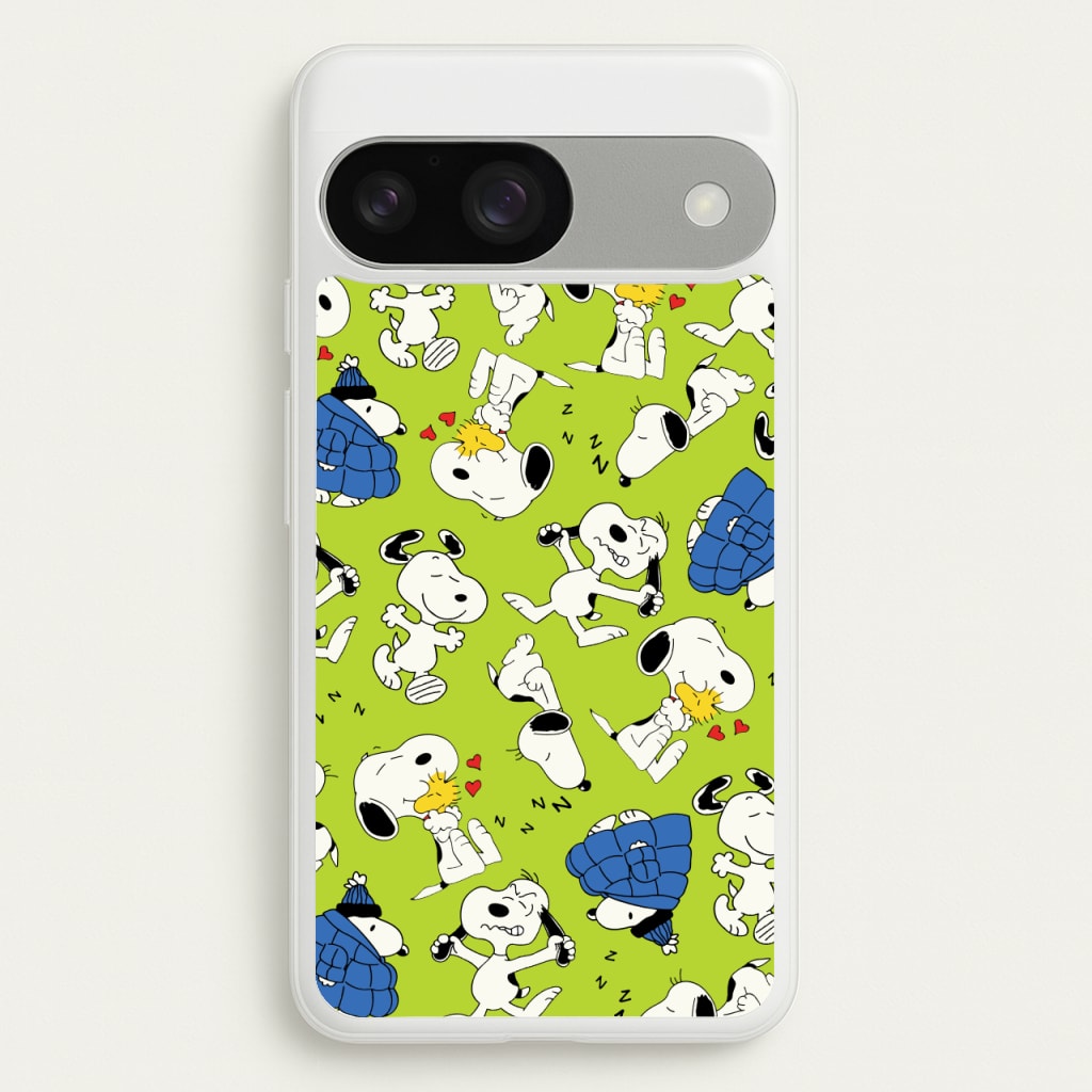 Lime Green Cartoon Beagle Pattern - Snoopy Phone Case for Google Pixel 9 / 9 Pro