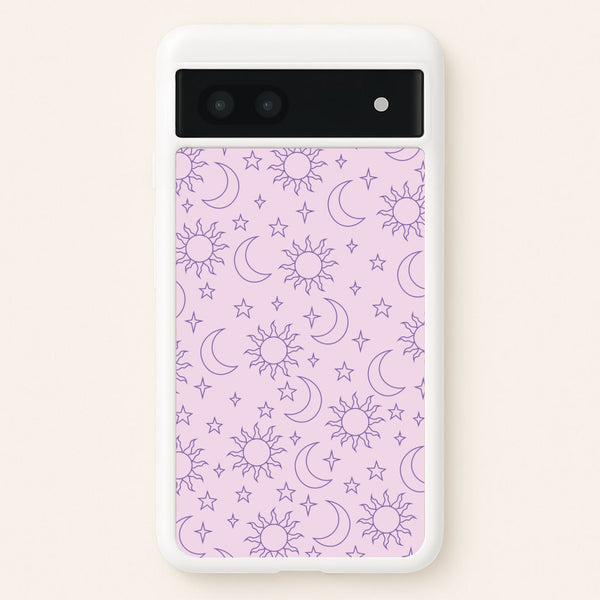 Sun, Moon And Stars Pattern Mauve - Space Phone Case for Google Pixel 7a