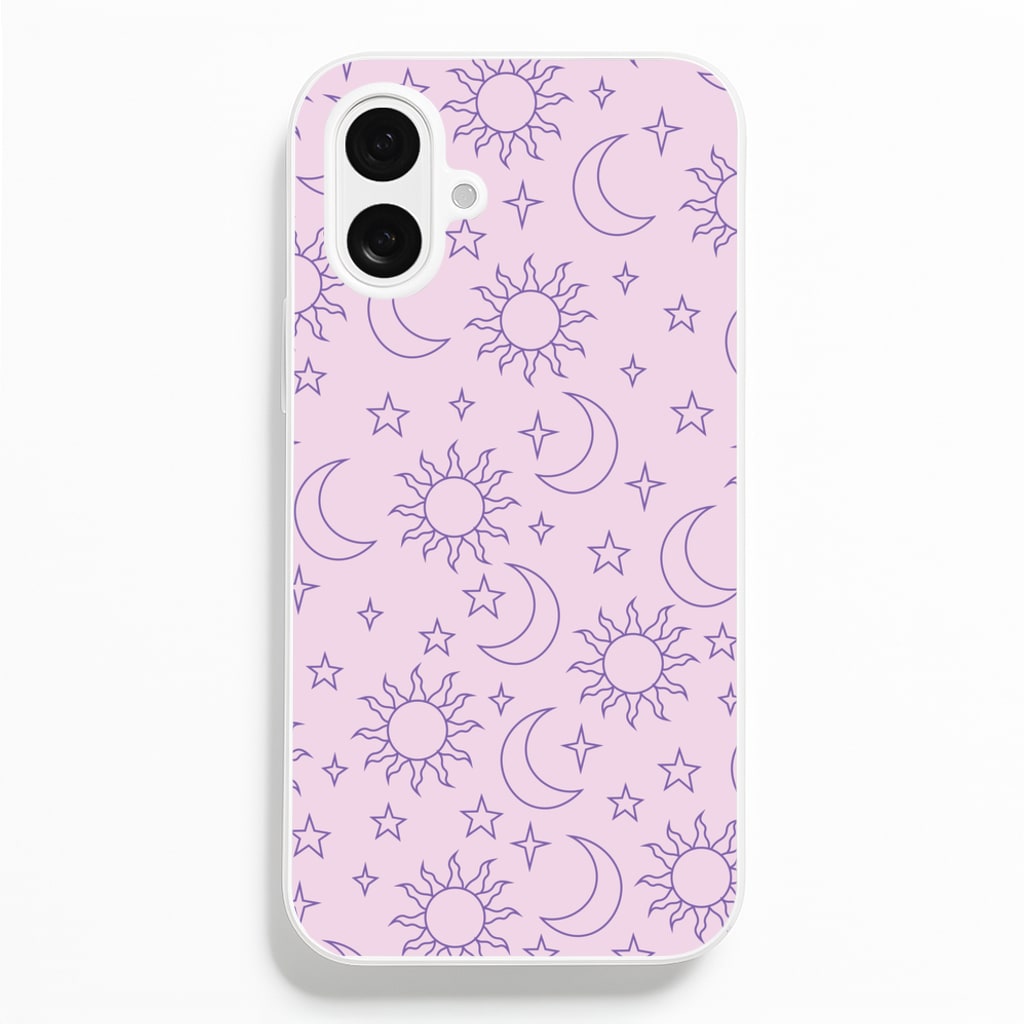 Sun, Moon And Stars Pattern Mauve - Space Phone Case for iPhone 16 Plus