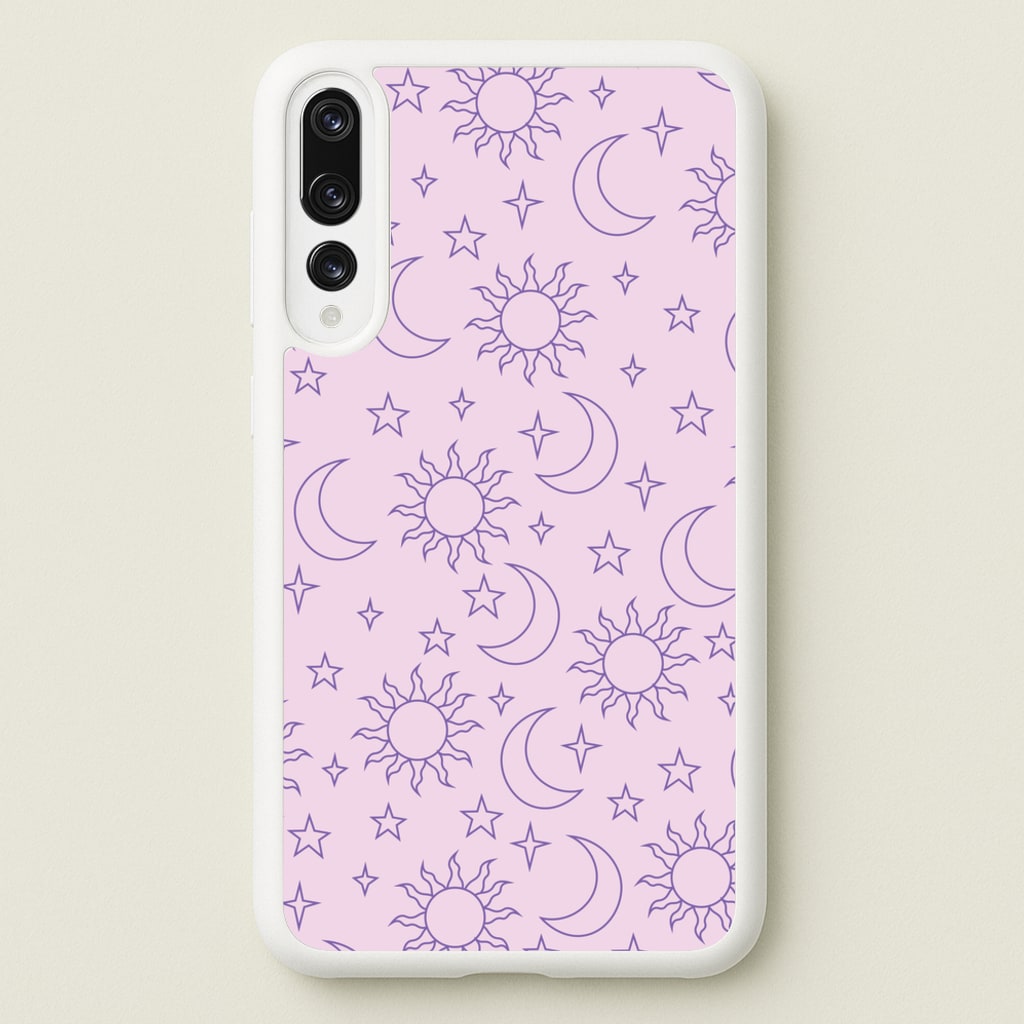 Sun, Moon And Stars Pattern Mauve - Space Phone Case for Huawei P20 Pro