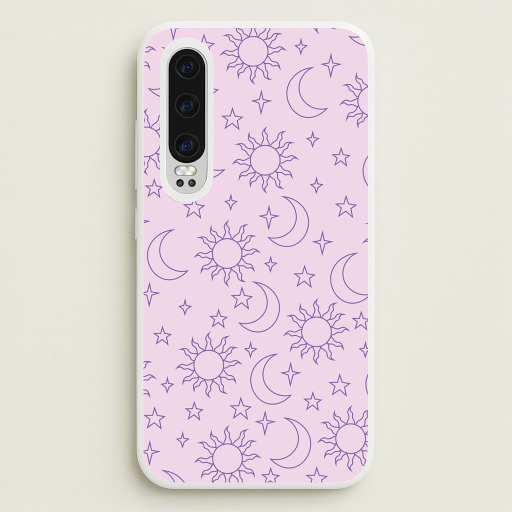Sun, Moon And Stars Pattern Mauve - Space Phone Case for Huawei P30