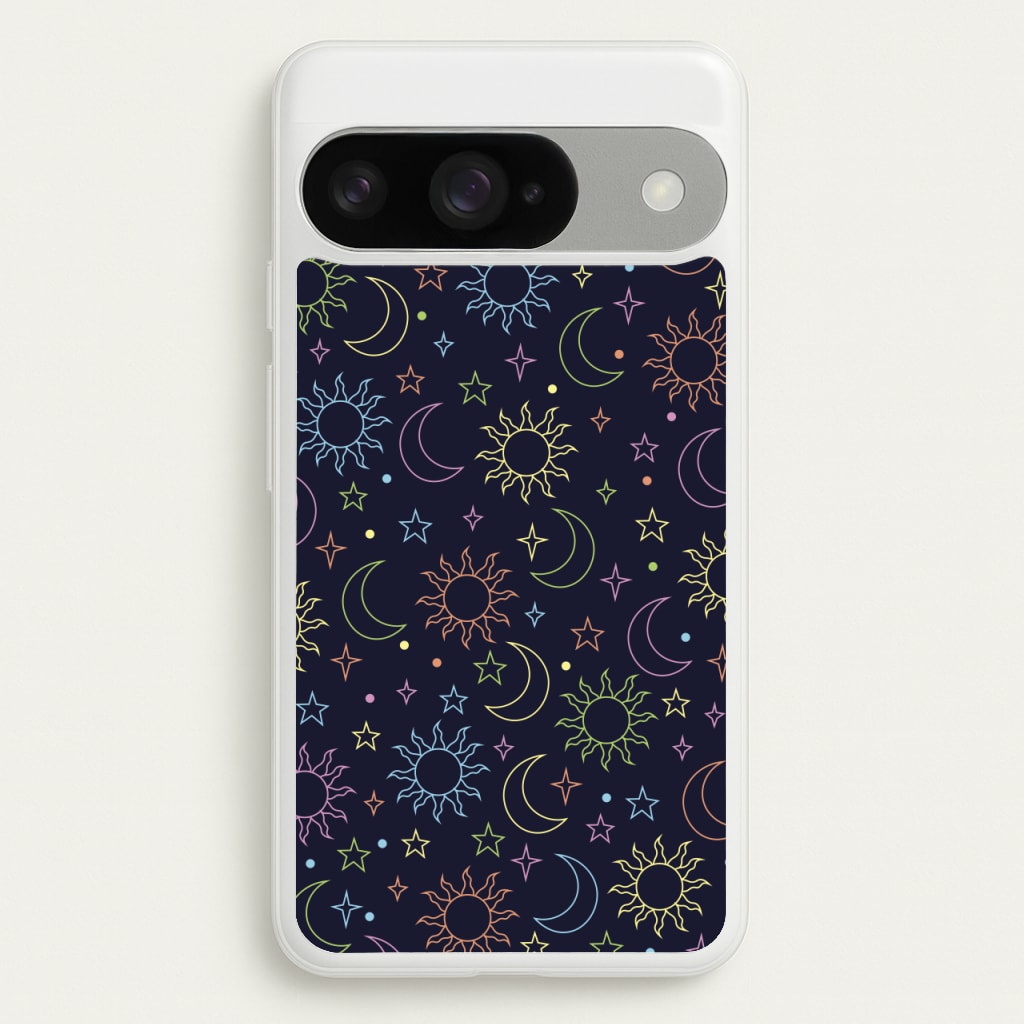 Sun, Moon And Stars Pattern Rainbow Phone Case for Google Pixel 10 / 10 Pro