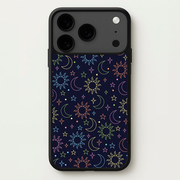 Sun, Moon And Stars Pattern Rainbow Phone Case for iPhone 17 Pro Max