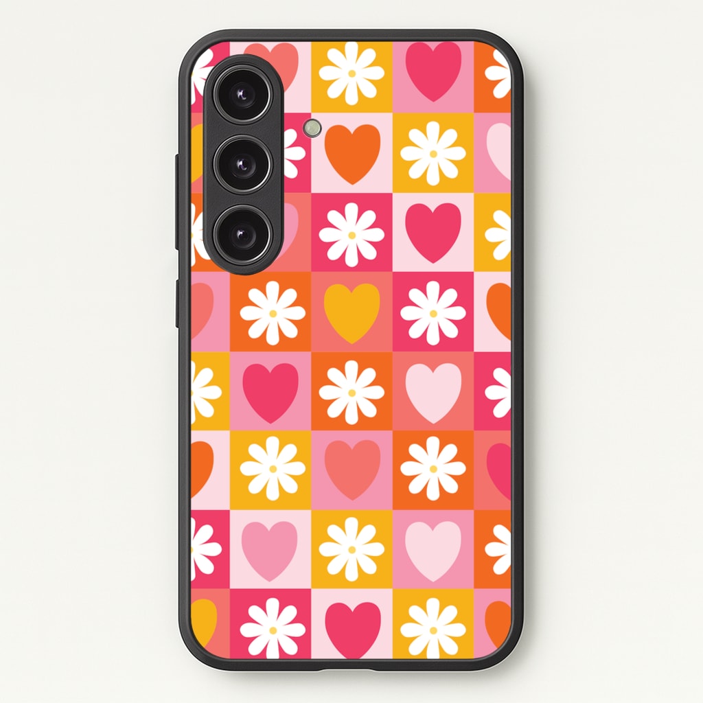 Checked Hearts And Flowers - Spring Patterns - Spring Phone Case for Galaxy S24FE