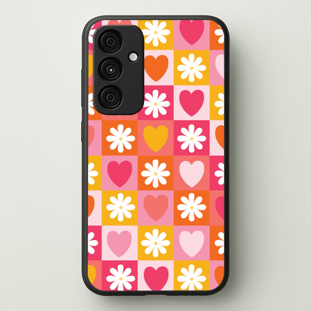 Checked Hearts And Flowers - Spring Patterns - Spring Phone Case for Galaxy A35