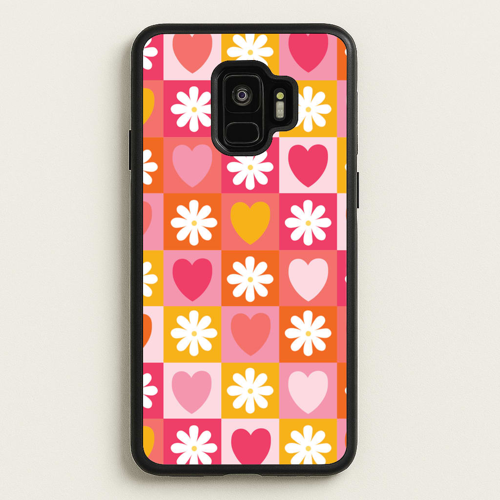 Checked Hearts And Flowers - Spring Patterns - Spring Phone Case for Galaxy S9