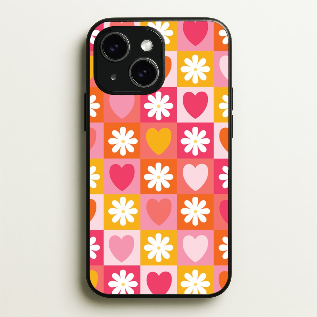Checked Hearts And Flowers - Spring Patterns - Spring Phone Case for iPhone 15