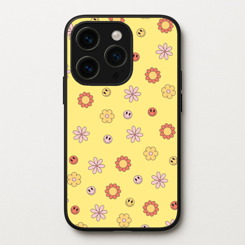 Retro Flowers And Smileys Pattern - Spring Phone Case for iPhone 15 Pro