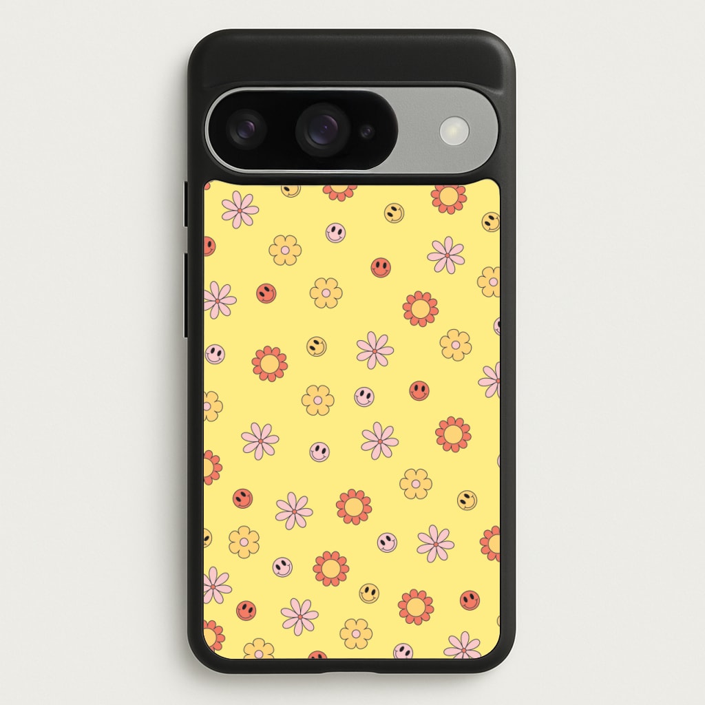 Retro Flowers And Smileys Pattern Phone Case for Google Pixel 10 / 10 Pro