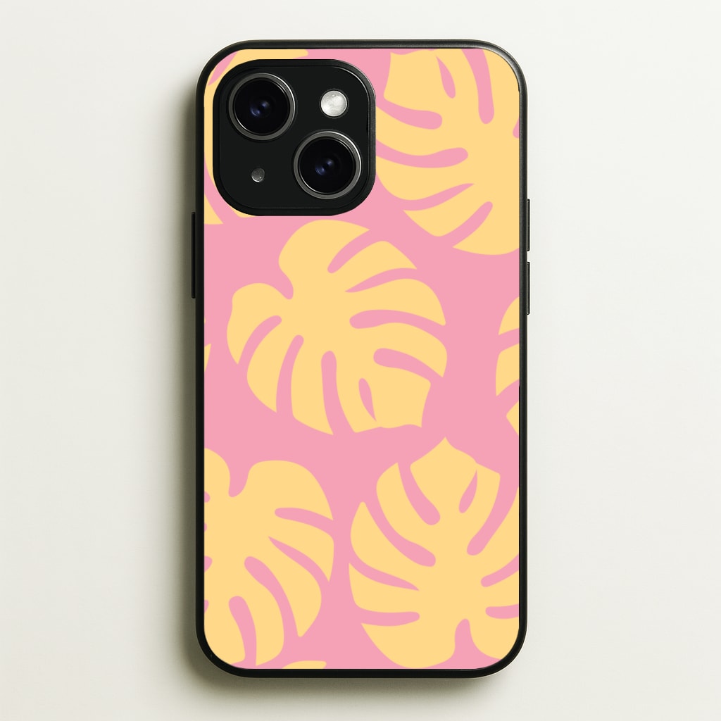 Pink And Yellow Summer Leaves Pattern - Summer Phone Case for iPhone 15 Plus