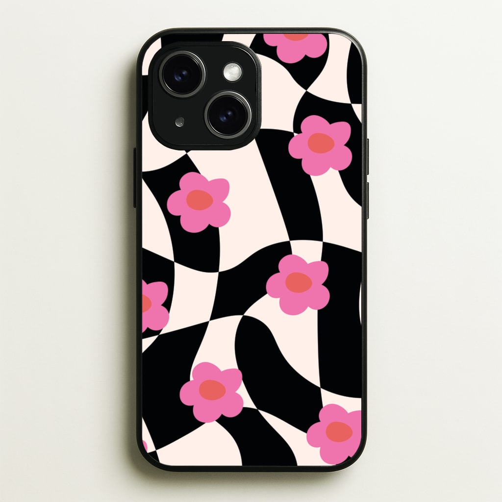Checkboard Flowers - Trippy Patterns - Trippy Patterns Phone Case for iPhone 15