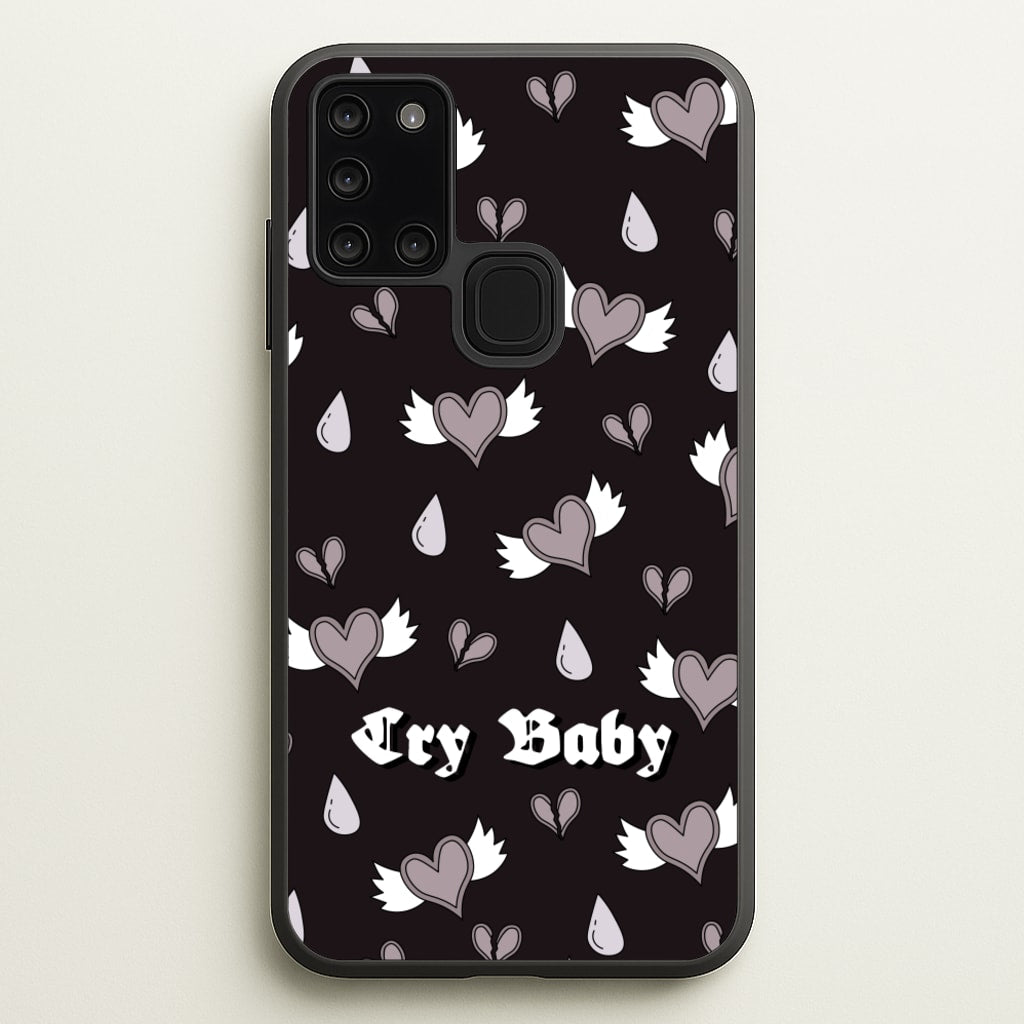 Cry Baby Monochrome Hearts Pattern - Goth Aesthetic Phone Case for Galaxy A21s