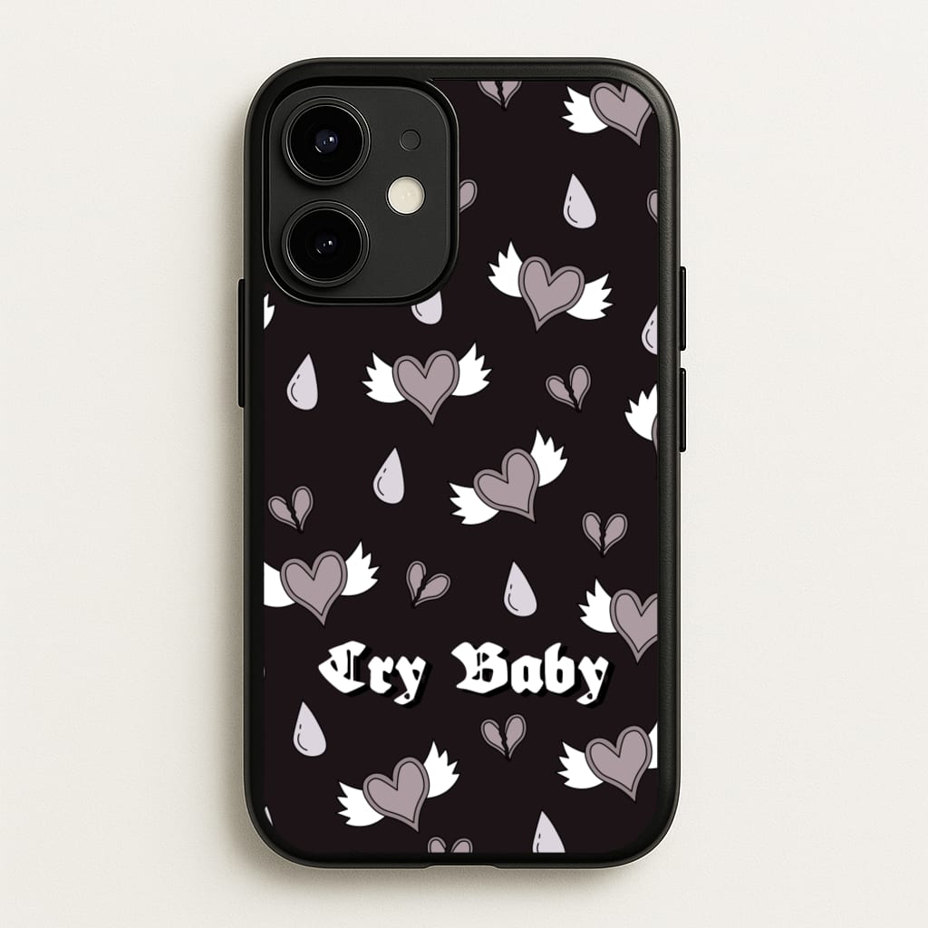 Cry Baby Monochrome Hearts Pattern - Goth Aesthetic Phone Case for iPhone 12 Mini