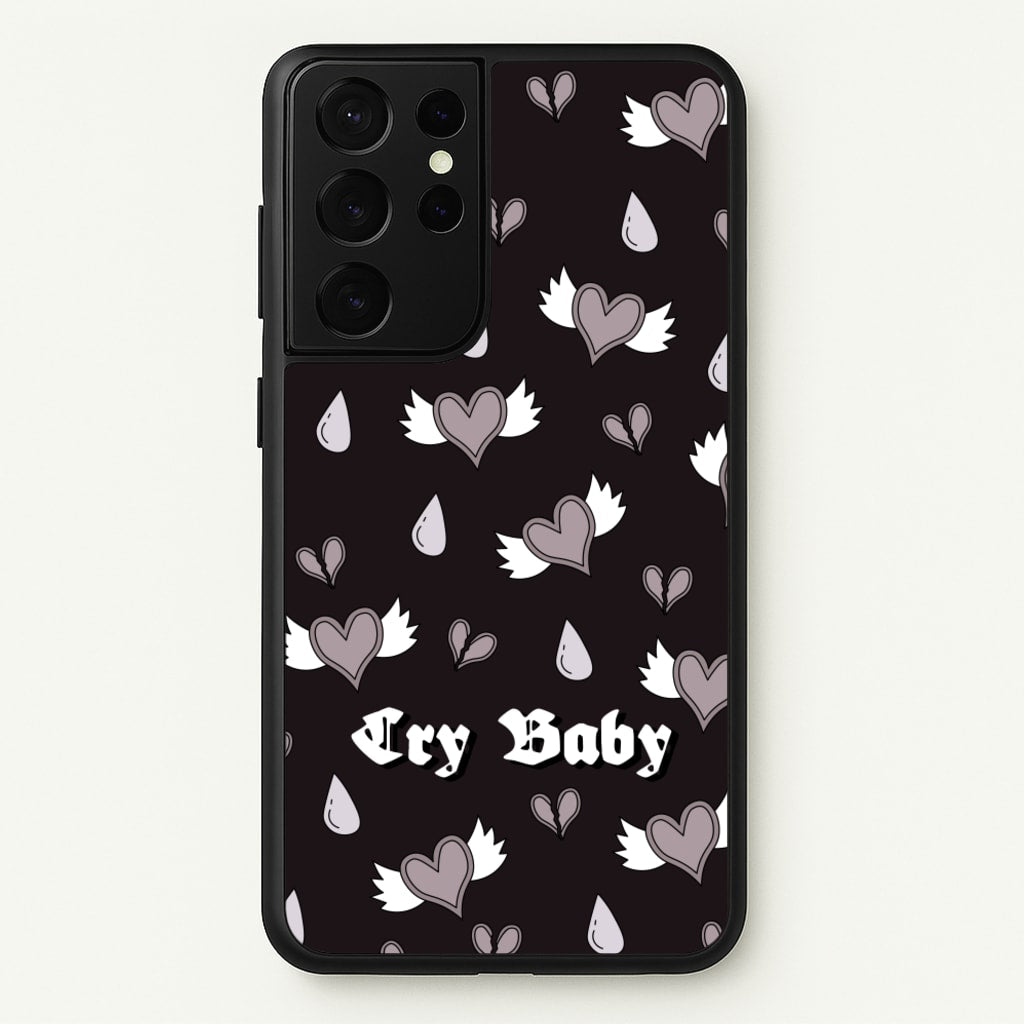 Cry Baby Monochrome Hearts Pattern - Goth Aesthetic Phone Case for Galaxy S21 Ultra