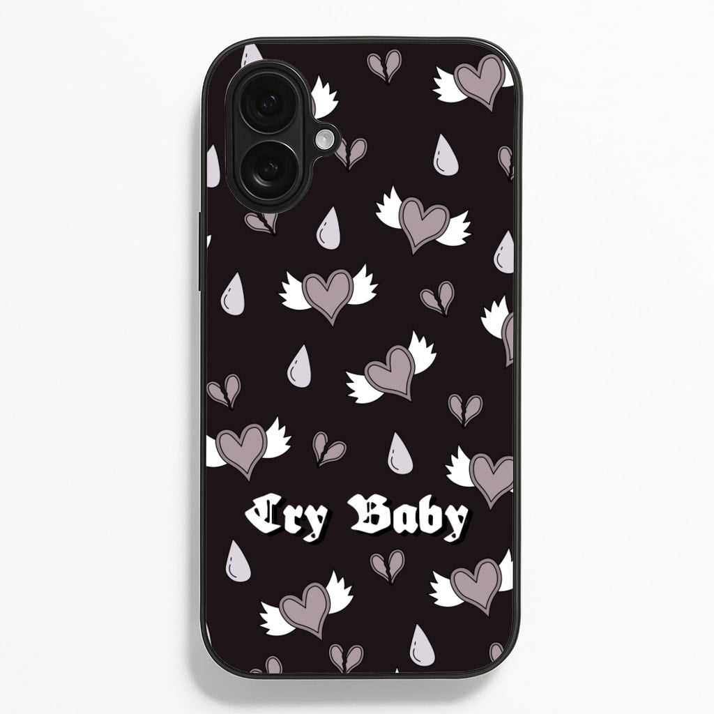 Cry Baby Monochrome Hearts Pattern - Goth Aesthetic Phone Case for iPhone 16 Plus
