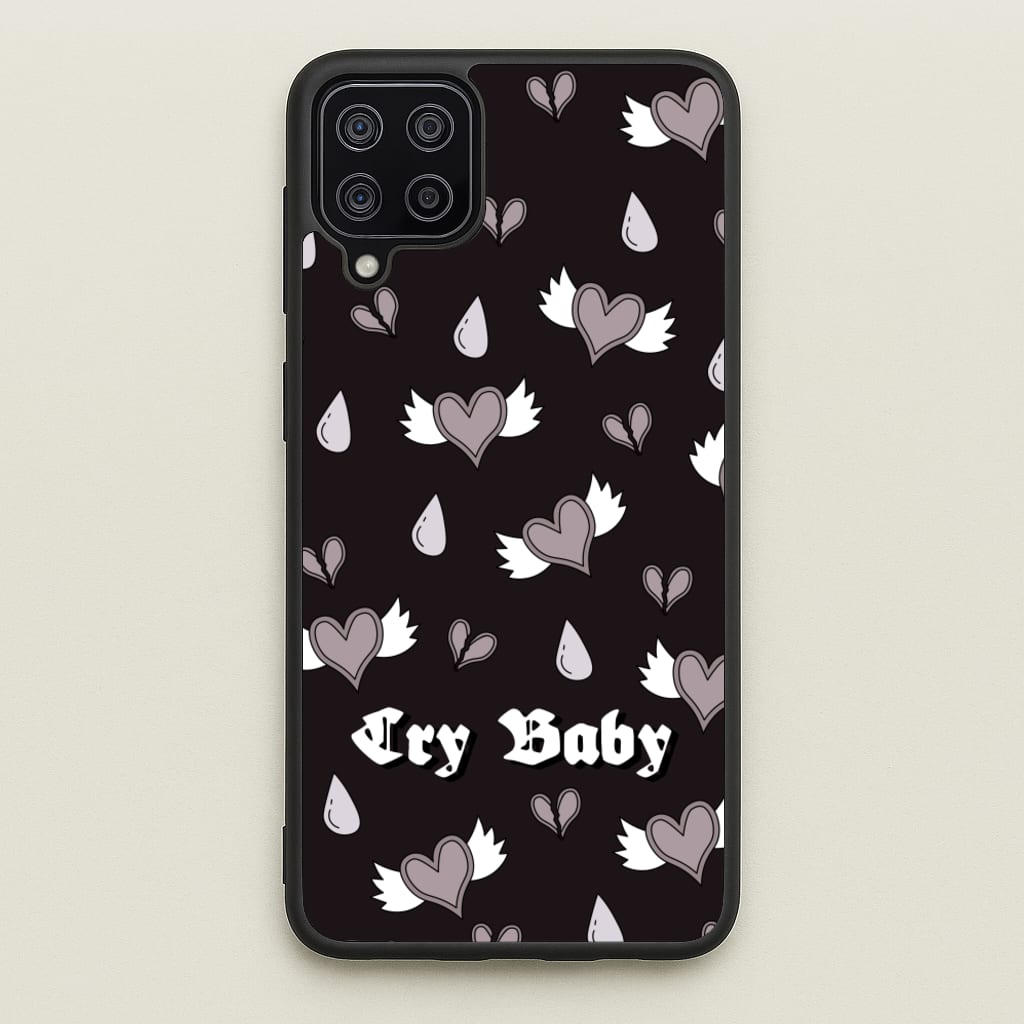 Cry Baby Monochrome Hearts Pattern - Goth Aesthetic Phone Case for Galaxy A12