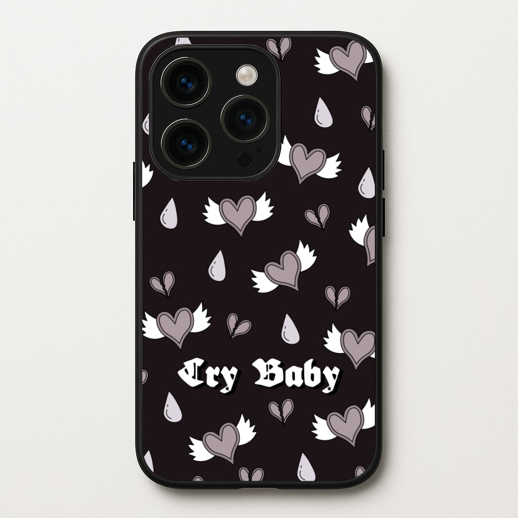 Cry Baby Monochrome Hearts Pattern - Goth Aesthetic Phone Case for iPhone 15 Pro