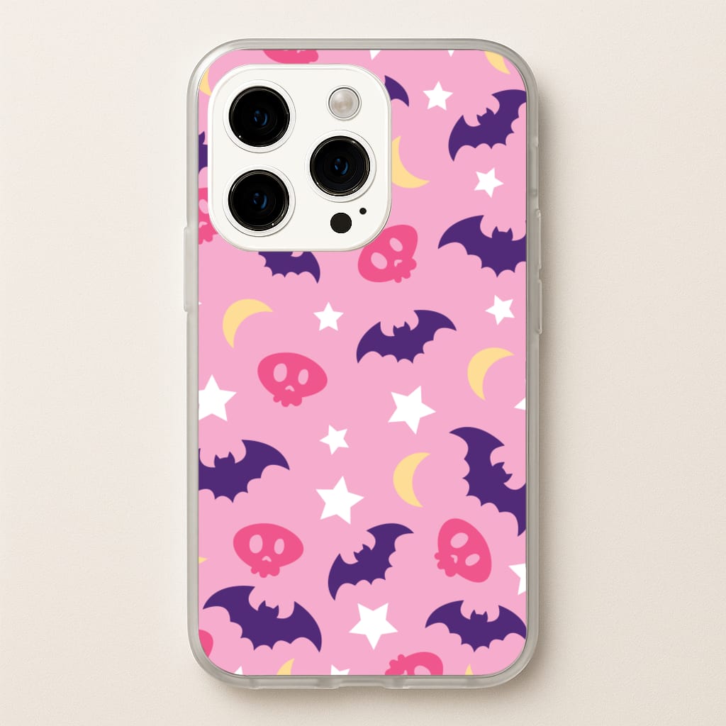 Skull, Bats And Stars Pattern - Goth Aesthetic Phone Case for iPhone 15 Pro