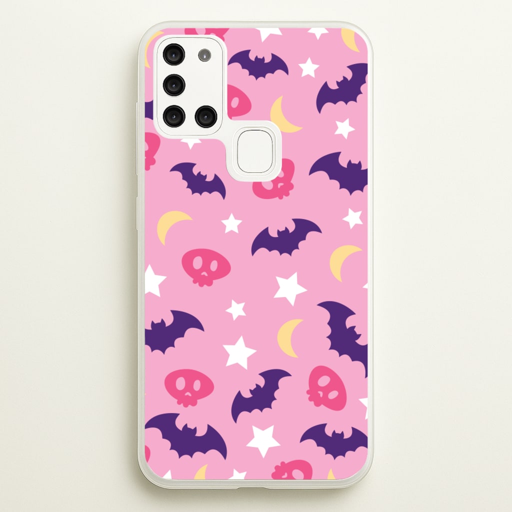 Skull, Bats And Stars Pattern - Goth Aesthetic Phone Case for Galaxy A21s