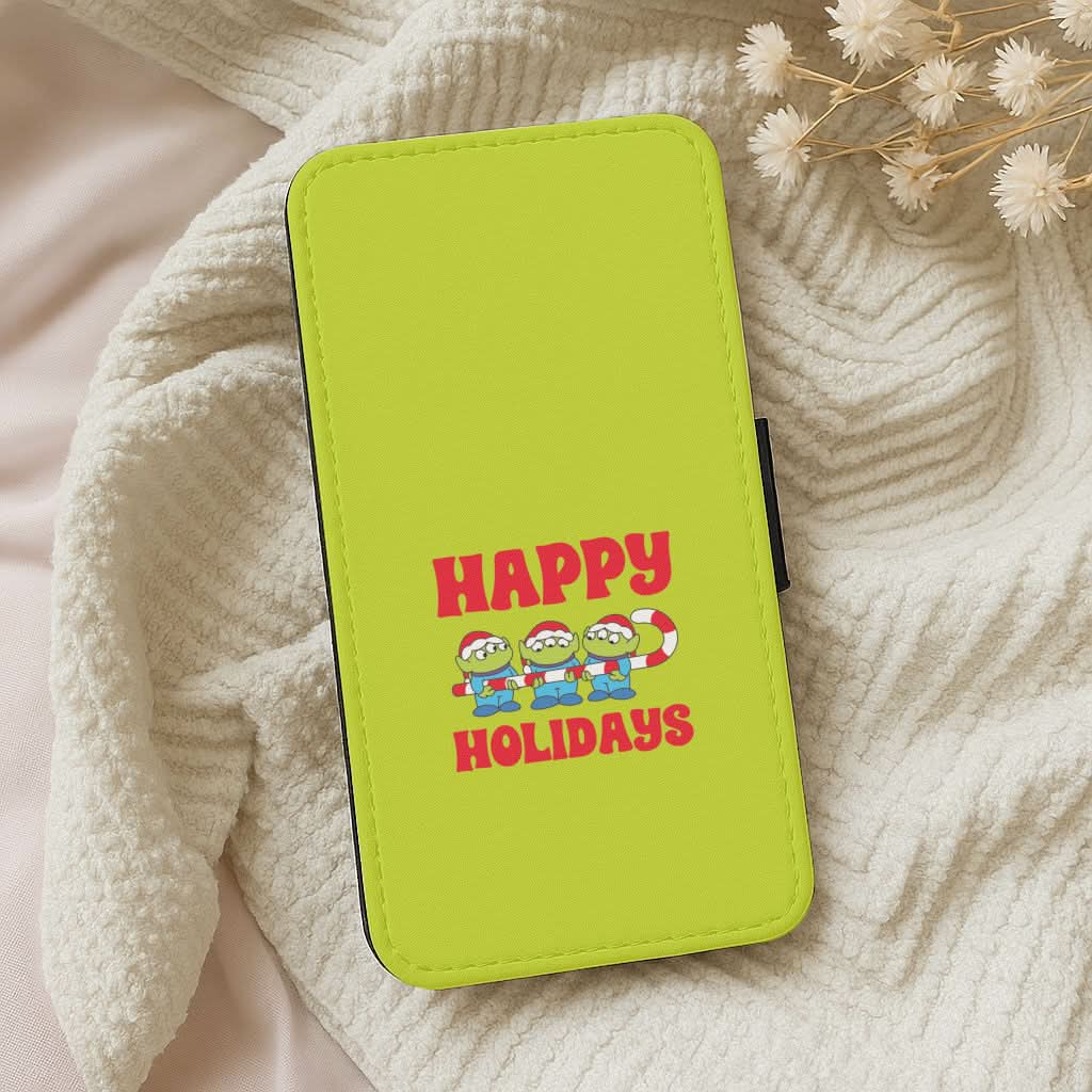 Happy Holidays Cute Green Aliens Leather Phone Case