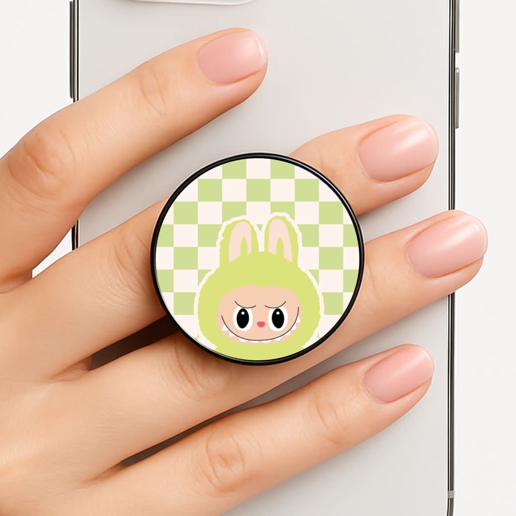 Checkered Cute Green Monster Phone Grip
