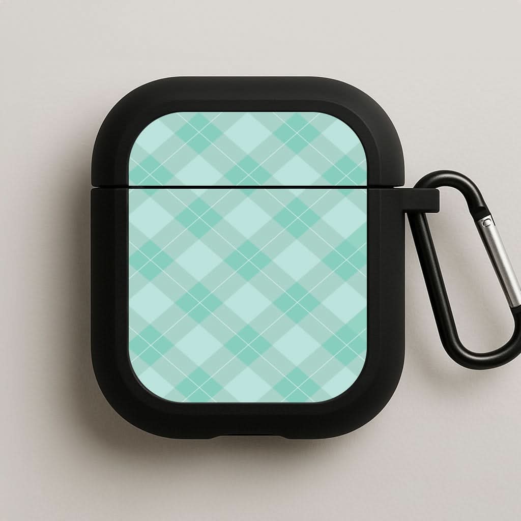 Light Cyan Tartan Christmas Pattern Black AirPods Case