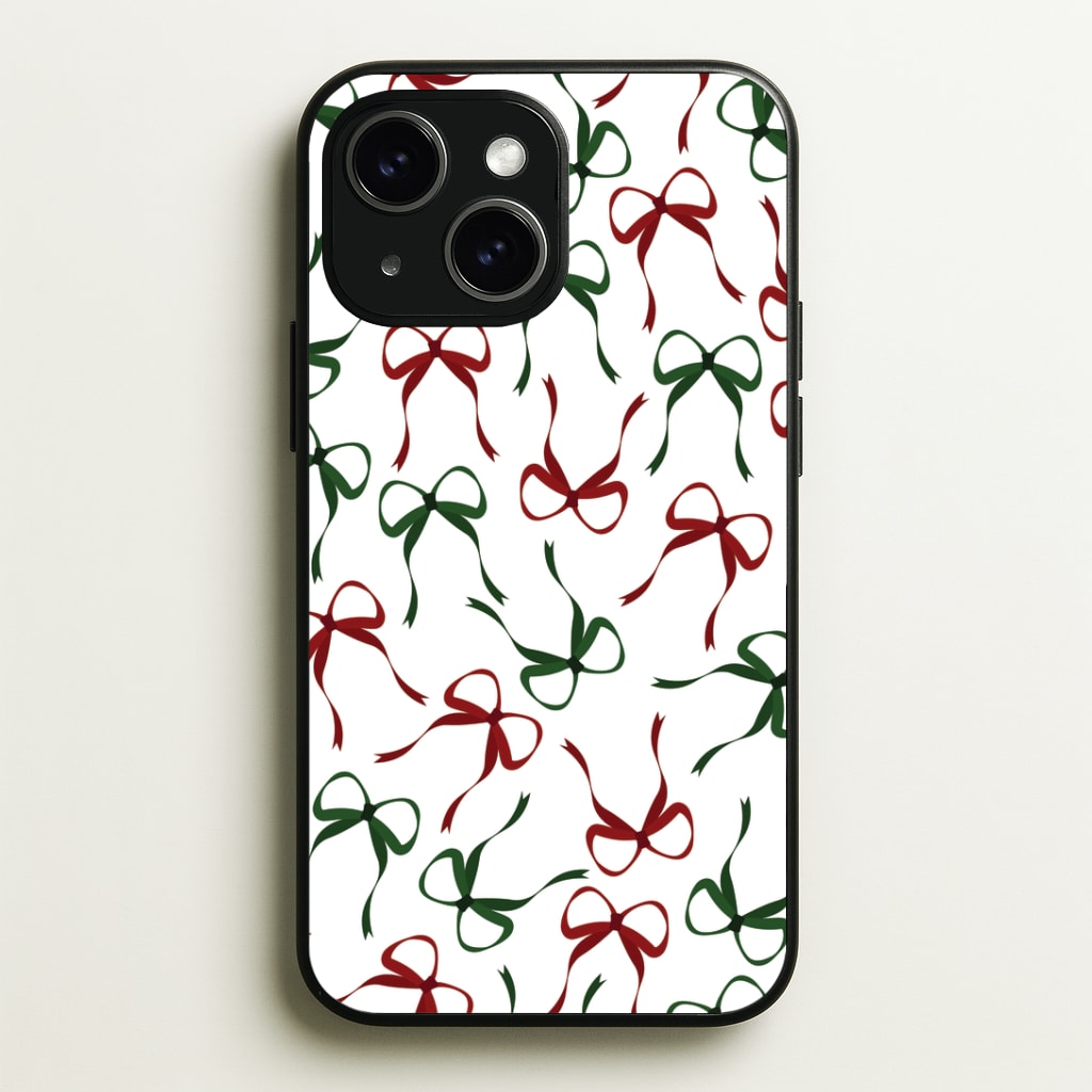 Red And Green Coquette Christmas Bows Pattern iPhone 14 Case