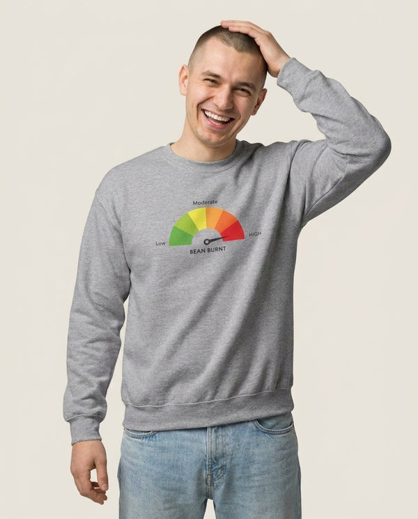 Burnt Bean Guage Sweatshirt — Grey Front, worn