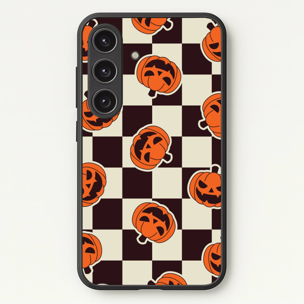 Pumpkin Stickers Checkered Pattern Galaxy S24 Plus Case