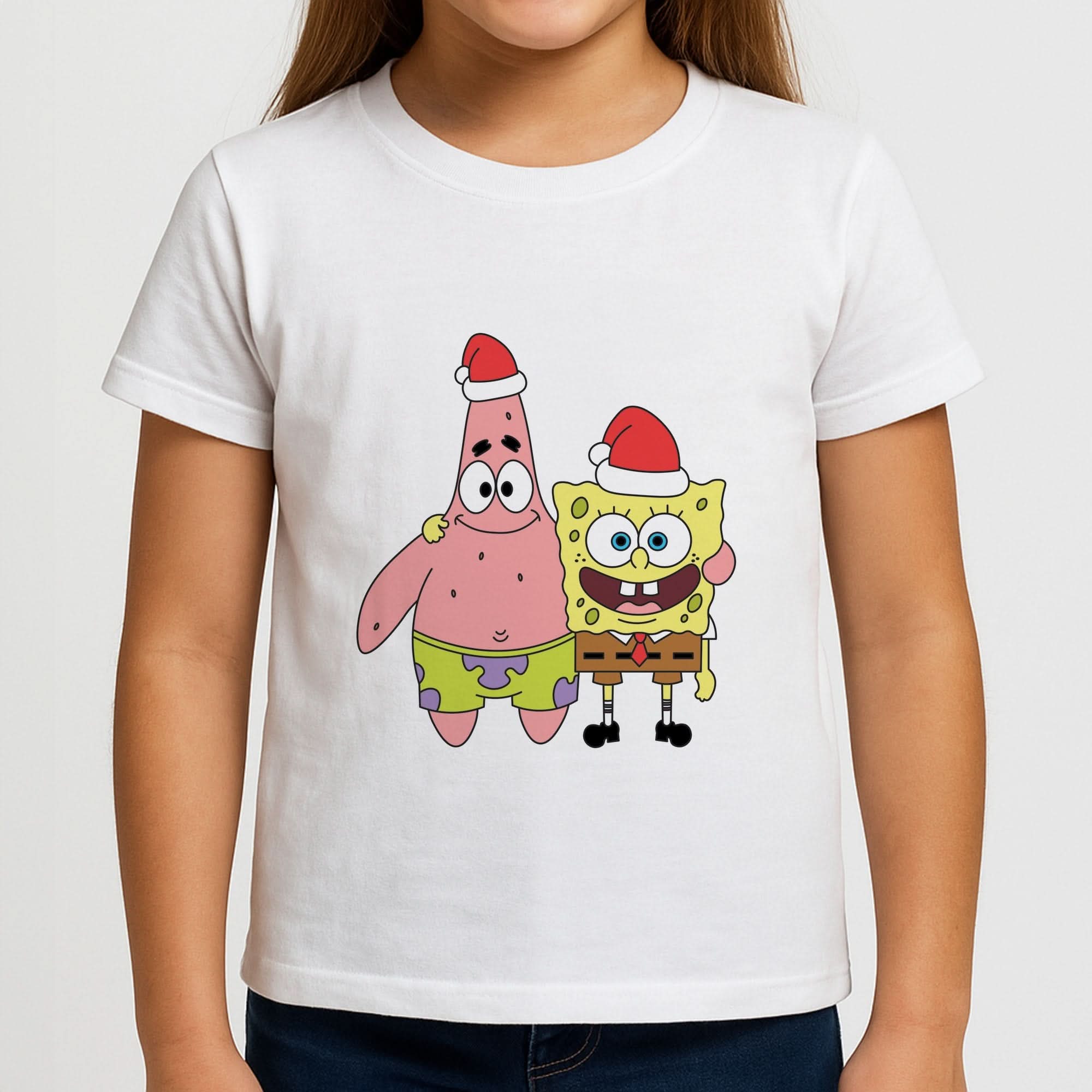 Cartoon Sponge And Starfish Christmas Hats Girls T-Shirt