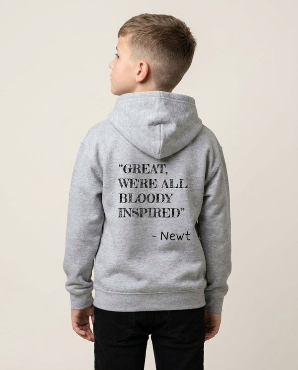 Great, We're All Bloody Inspired - Maze Kids Hoodie — Grey Back, worn
