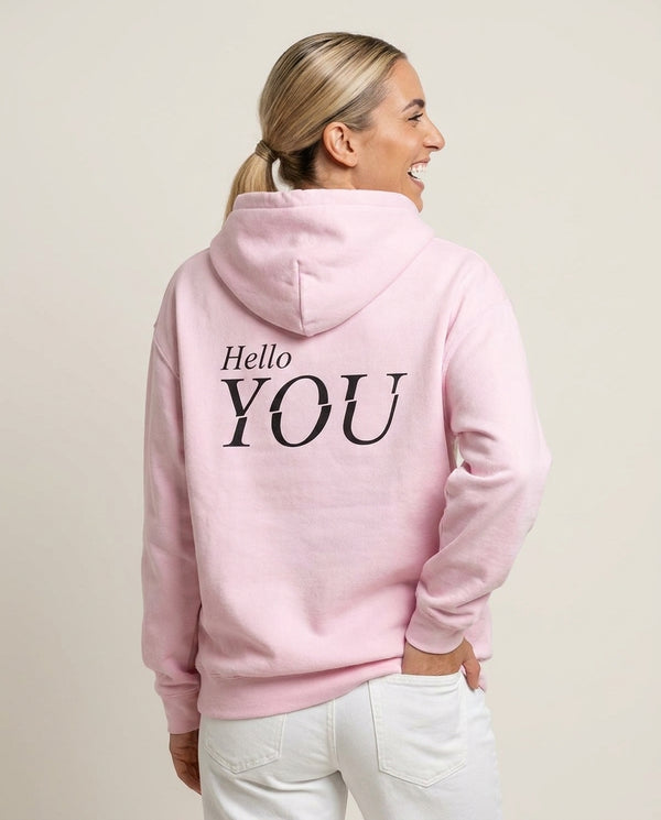 Hello You Hoodie — Pink Back, worn