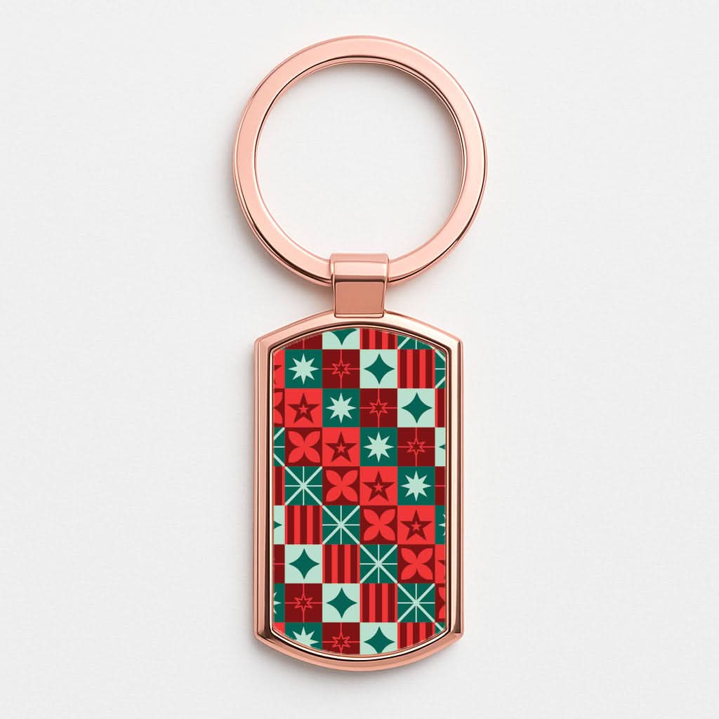 Geometric Square Christmas Pattern Rose Gold Keyring