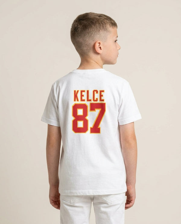 Kelce 87 - Travis Kids T-Shirt — White Back, worn
