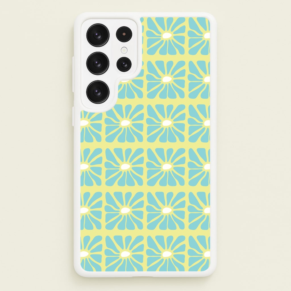 Square Abstract Flowers Blue Galaxy S22 Ultra Case