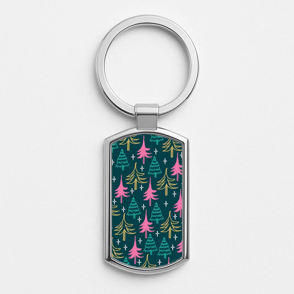 Colourful Sketched Christmas Trees Pattern Luxury Keyring