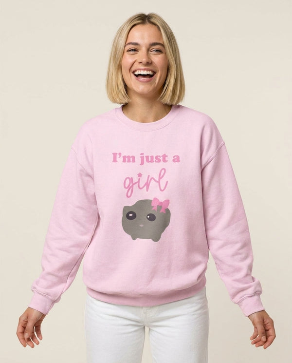 I'm Just A Girl Sweatshirt — Pink Front, worn