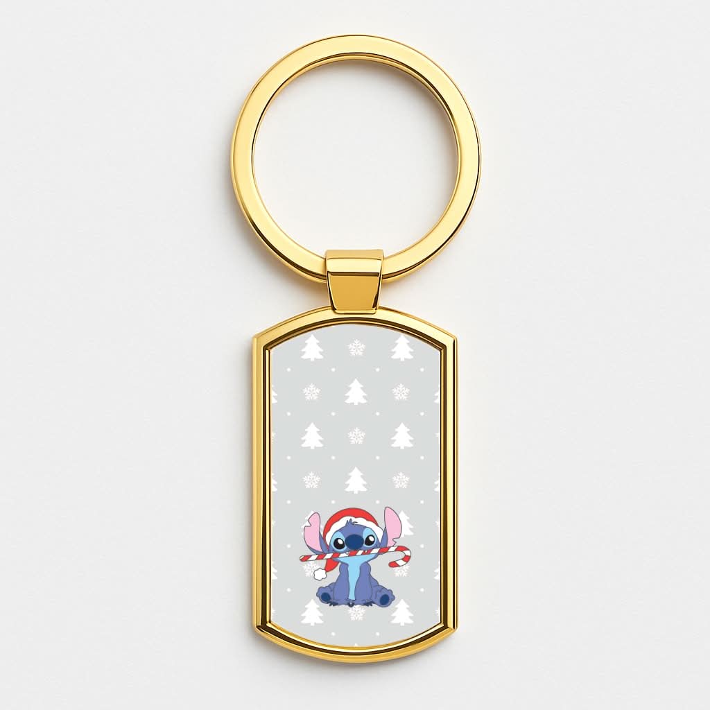Cute Blue Alien Candycane Gold Keyring