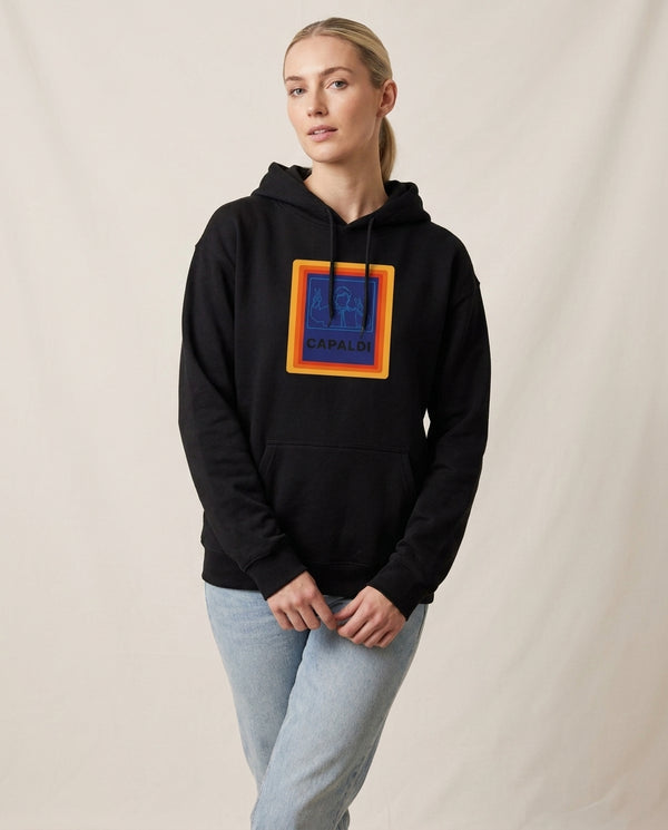 Capaldi Hoodie — Black Front, worn