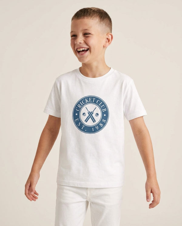 Cricket Badge Kids T-Shirt — White Front, worn