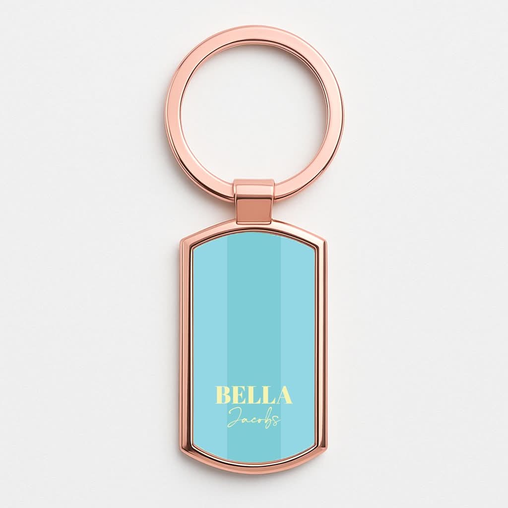 Blue Stripe Personalised Name Rose Gold Keyring