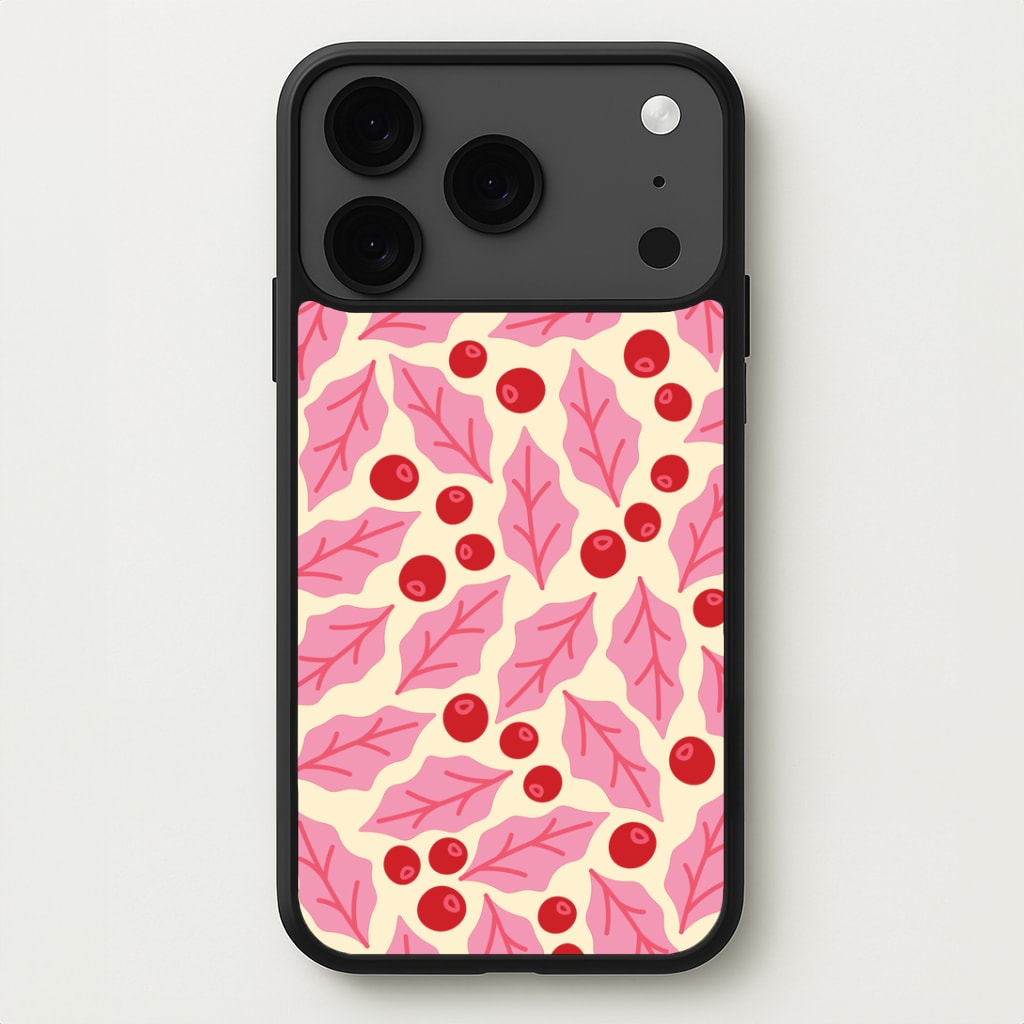 Pink Holly And Berries Pattern iPhone 17 Pro Max Case