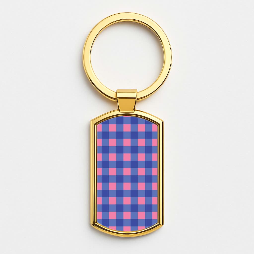 Pink And Blue Checkered Pattern Gold Keyring