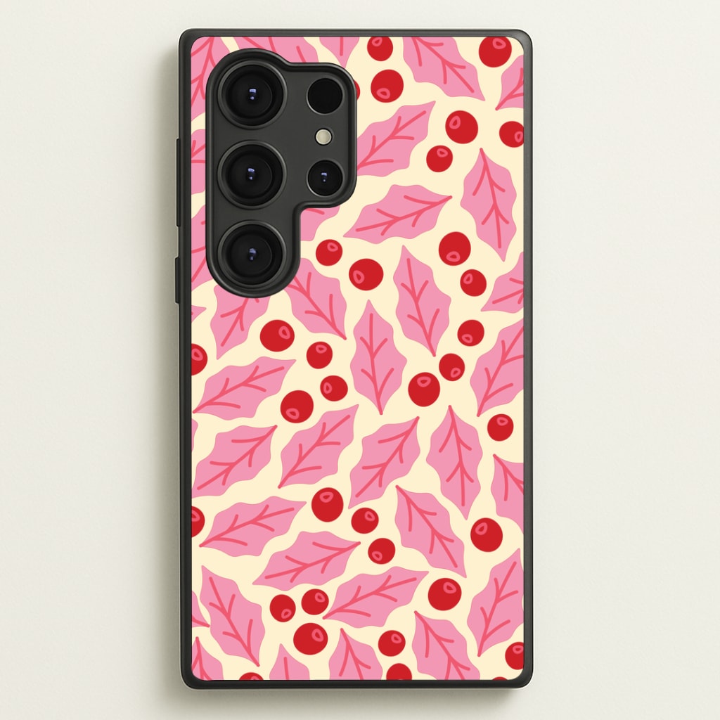 Pink Holly And Berries Pattern Galaxy S25 Ultra Case