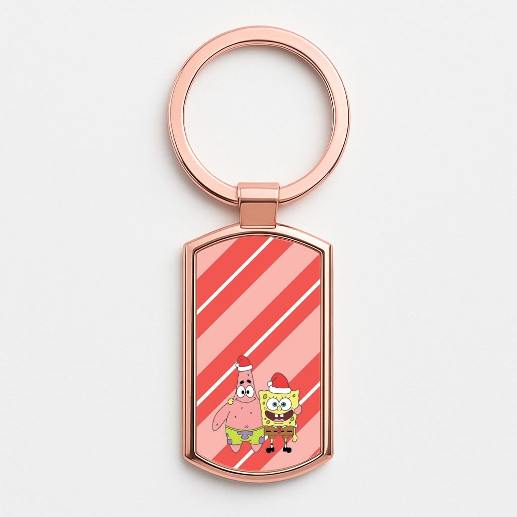 Cartoon Sponge And Starfish Christmas Hats Rose Gold Keyring