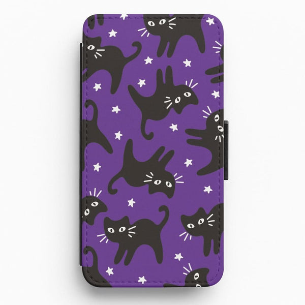 Cartoon Black Cats And Stars Pattern Flip / Wallet Phone Case