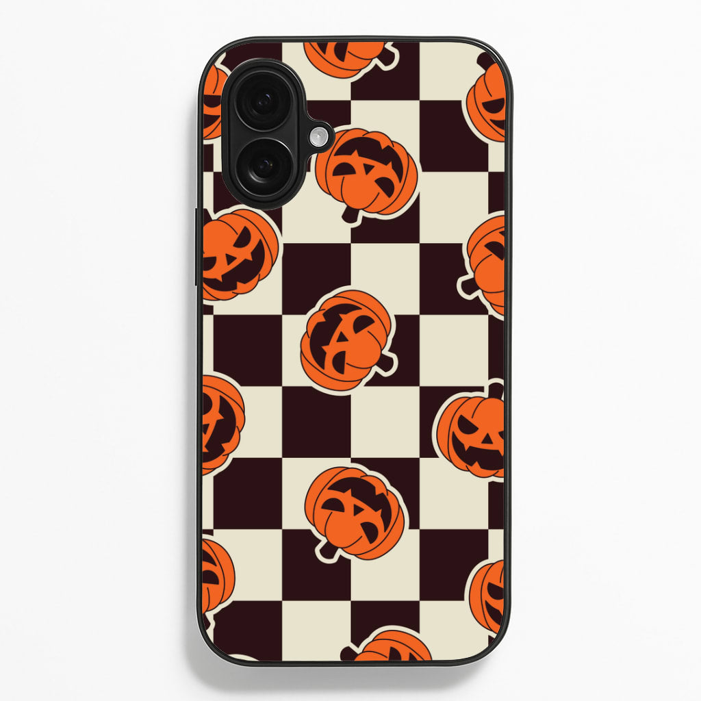 Pumpkin Stickers Checkered Pattern iPhone 16 Plus Case