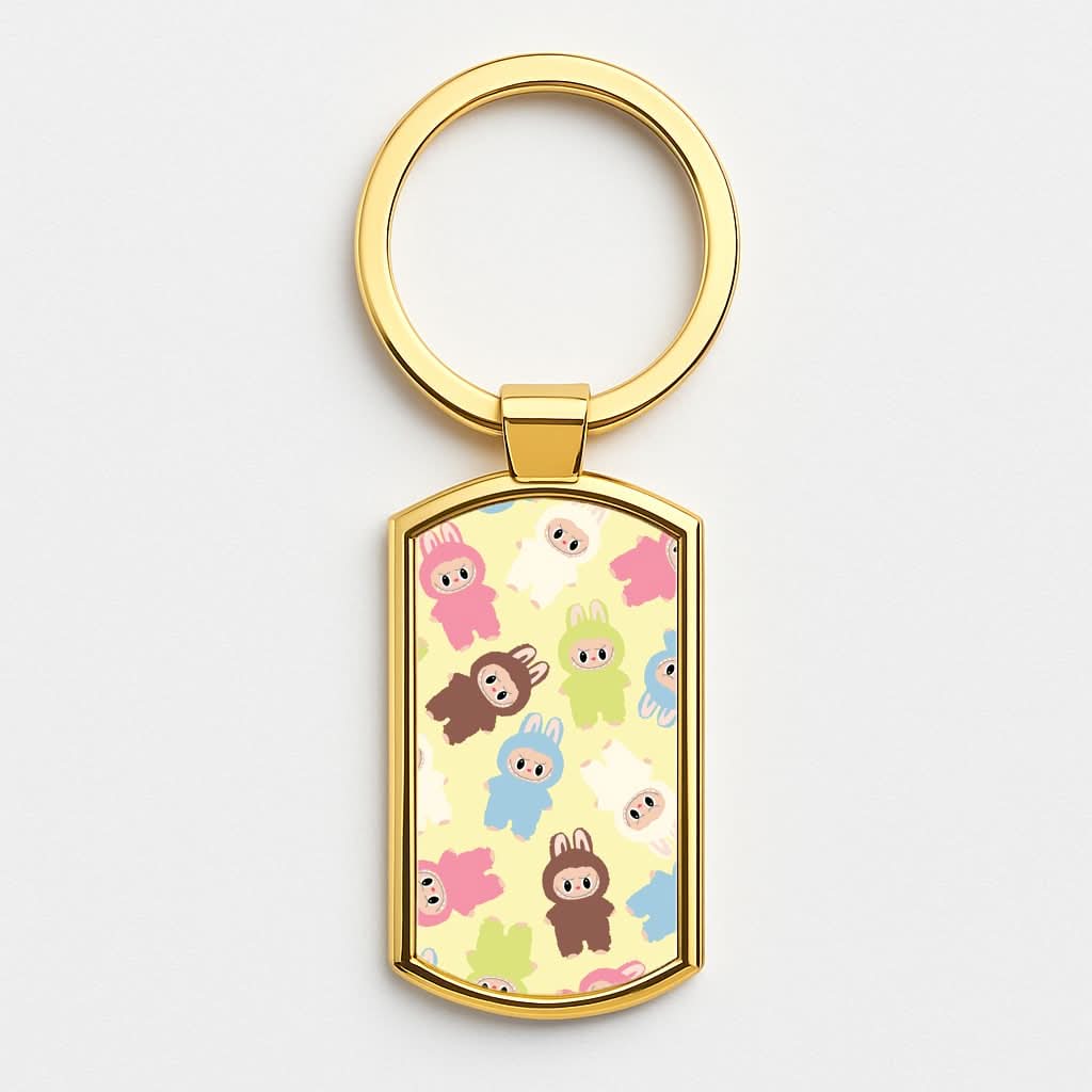 Colourful Little Monsters Pattern Gold Keyring
